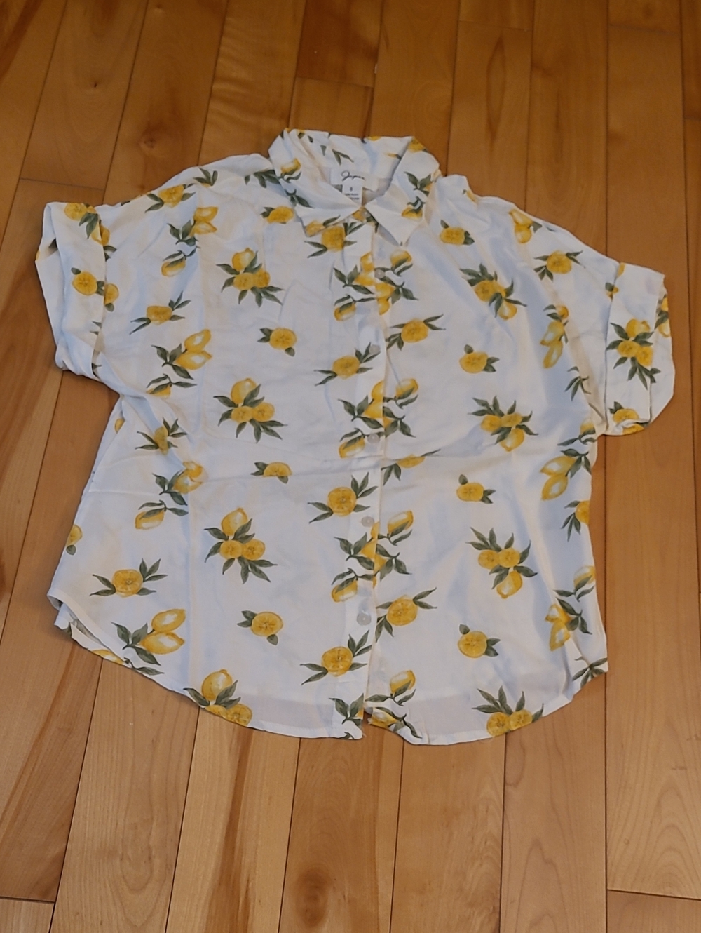 White Short-Sleeve Button-Up Blouse with Yellow Lemon Print